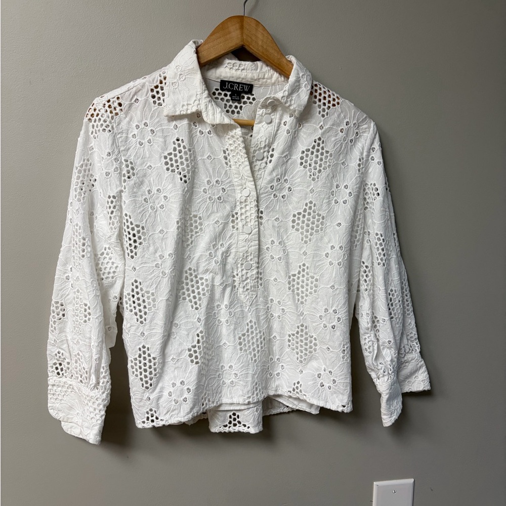 J. Crew White Eyelet Floral Cutwork Popover Blouse